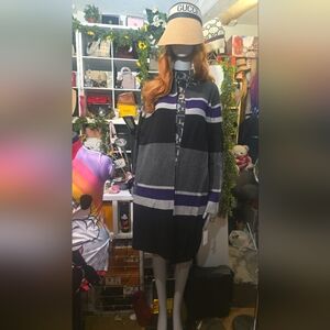 Black and Gray Striped Coat with Purple Accents